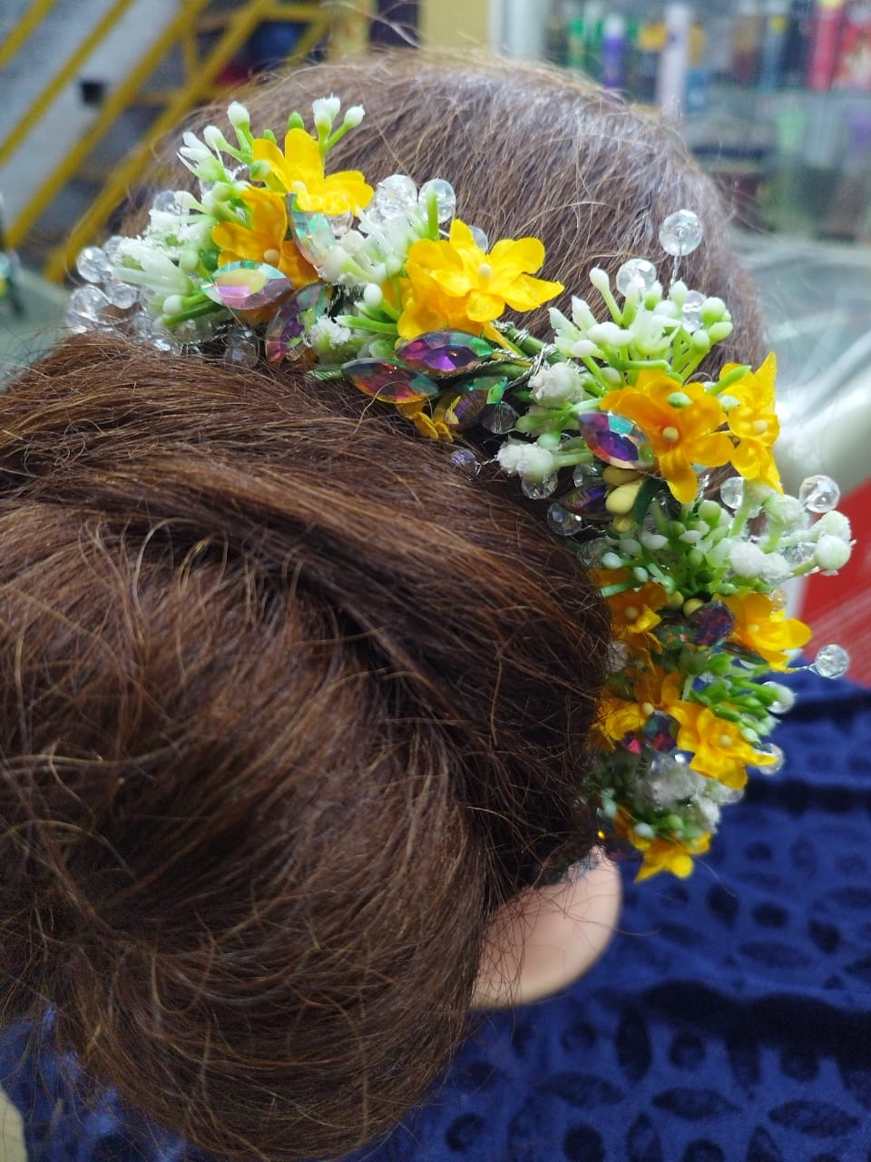 Bride Headpiece Artificial Yellow Flower with Crystal Gajra