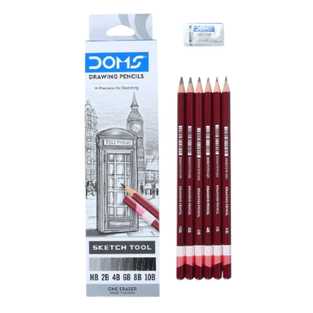 DOMS Drawing Pencils Sketch Tool Set – 6 Shading Pencils (HB, 2B, 4B, 6B, 8B, 10B) with Free Eraser – Professional Sketching & Shading Kit