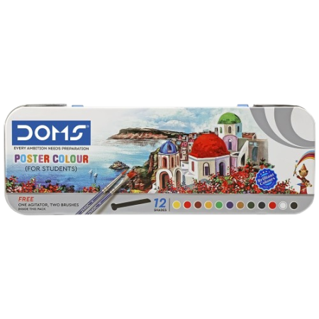 Doms Poster Colours – 12 Shades Tin Box Pack | Free Agitator & Brushes