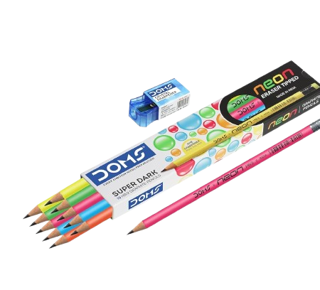 Doms Neon Eraser Tipped Super Dark Pencils Combo – Pack with Sharpener & Eraser