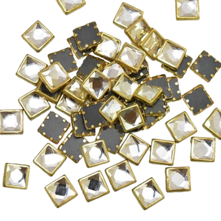 Square White Clip Stone – Gold Base Stones for Embroidery & Craft (3x3, 4x4, 6x6, 8x8 mm)