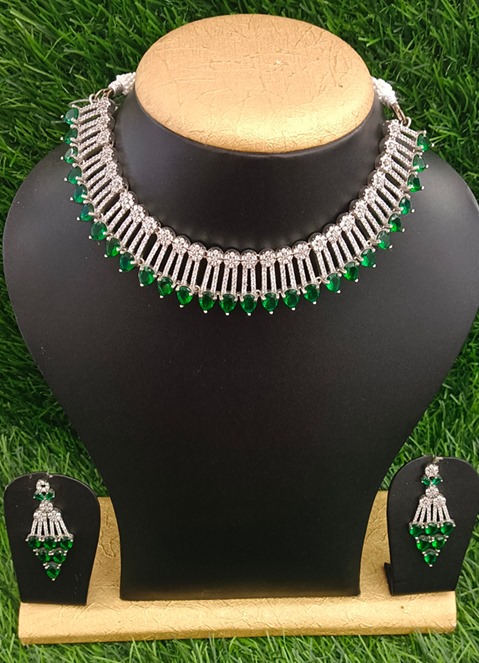 Elegant Silver & Green Stone Choker Necklace Set with Earrings