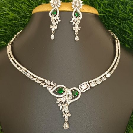 Elegant Silver Necklace Set with Green Stone Accents