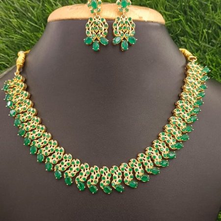 Elegant Green Stone Gold Plated Necklace Set with Earrings