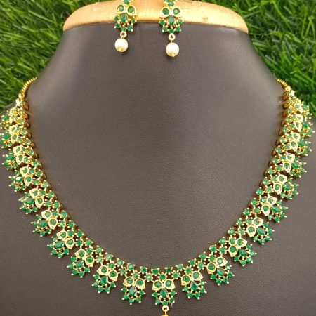 Green Stone Gold-Plated Necklace Set with Pearl Drop