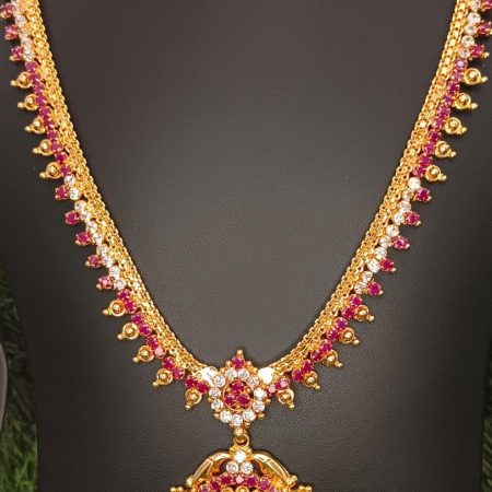 Traditional Gold-Plated Necklace with Ruby & White Stone Pendant