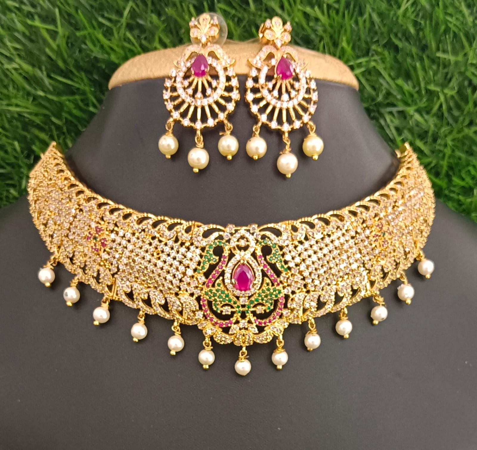 Gold Choker Necklace & Earrings Set with Ruby, Green Enamel & Pearl Drops
