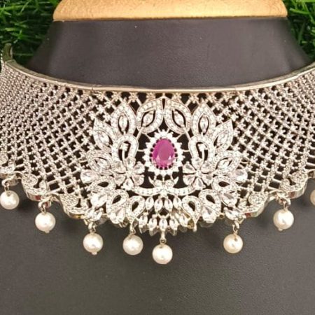 Elegant Silver Choker Necklace with Ruby Centerpiece & Pearl Drops