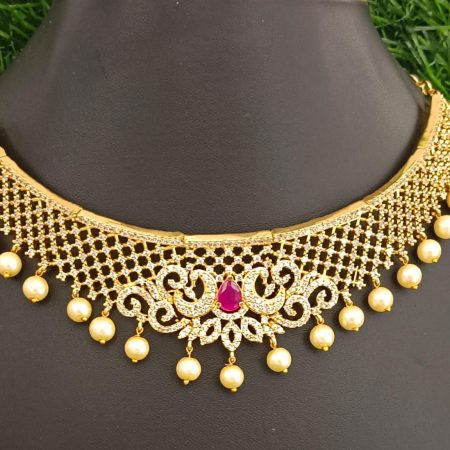 Gold Choker Necklace with Ruby Centerpiece & Pearl Drops