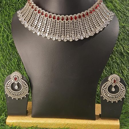 Silver Choker Necklace with Ruby Accents and Matching Earrings