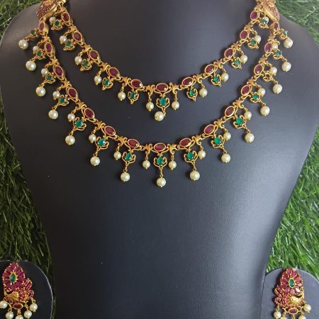Traditional Gold Plated Ruby & Emerald Stone Necklace Set with Pearls