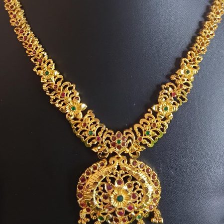 Traditional South Indian Gold Necklace with Ruby & Emerald Stones