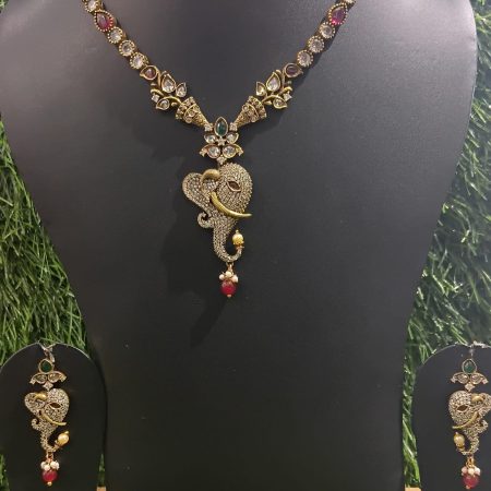 Antique Gold Ganesha Pendant Necklace Set with Matching Earrings