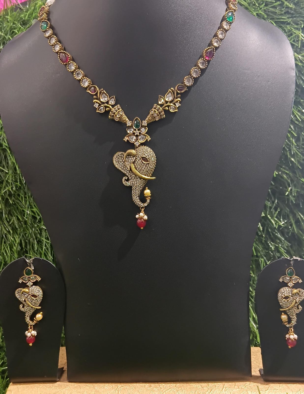Antique Gold Ganesha Pendant Necklace Set with Matching Earrings