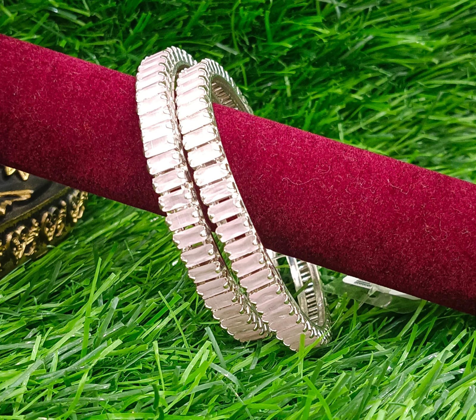 Elegant Baby Pink Stone Bangles – Silver Plated Designer Jewelry | 2.6 size