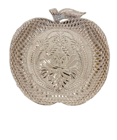 Silver Apple-Shaped Decorative Metal Platter with Intricate Floral Design – Elegant Home Decor Tray