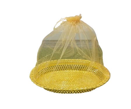 Golden Decorative Gift Basket with Net Cover – Multipurpose Hamper Tray