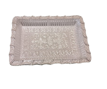 Silver Tray - Rectangular Silver Decorative Tray – Engraved Metal Platter for Gifting & Home Décor