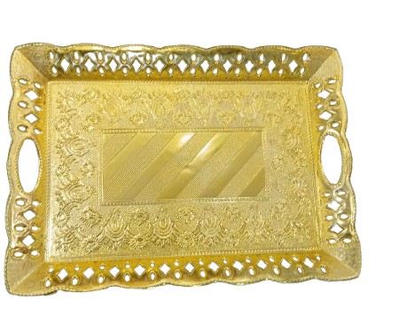 Golden Tray - Ornate Rectangular Golden Serving Tray with Cutwork Handles – Ideal for Festive Serving & Gifting