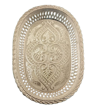 Silver Decorative Tray - Elegant Oval Silver Embossed Serving Tray – Traditional Decorative Pooja & Gift Platter