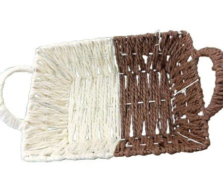 Decorative Hamper Basket- Two-Tone Handwoven Rectangular Jute Tray with Dual Handles – Rustic Storage Basket